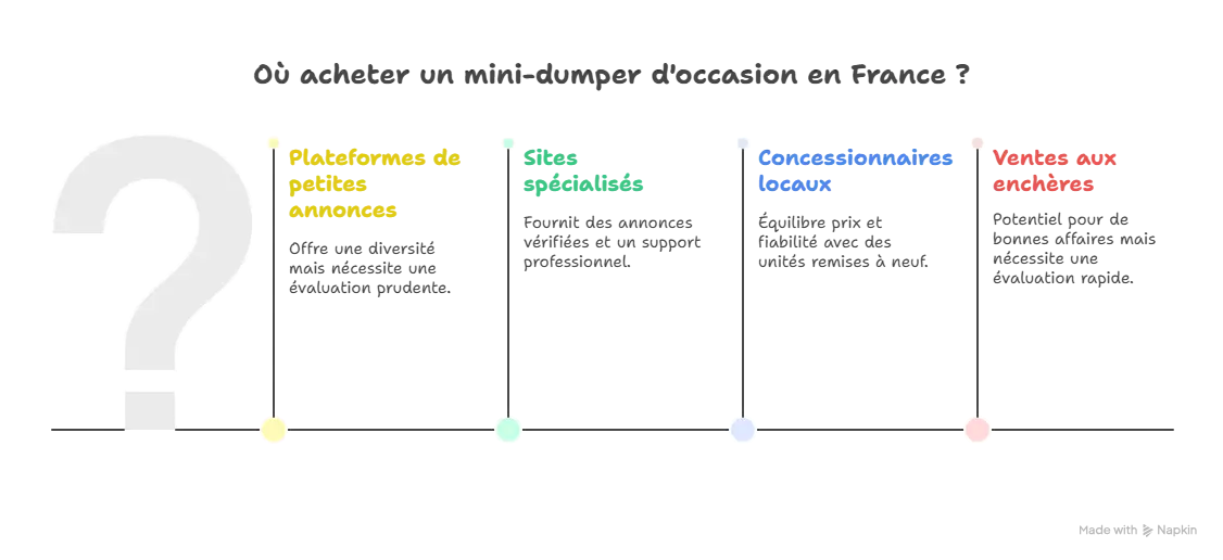 Infographie présentant où acheter un mini-dumper d’occasion en France : plateformes de petites annonces, sites spécialisés, concessionnaires locaux et ventes aux enchères.