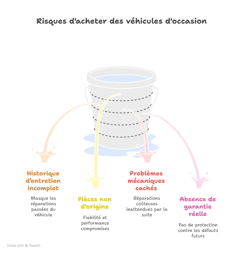 Infographie illustrant les risques d’acheter un véhicule d’occasion : historique d’entretien incomplet, pièces non d’origine, problèmes mécaniques cachés et absence de garantie réelle