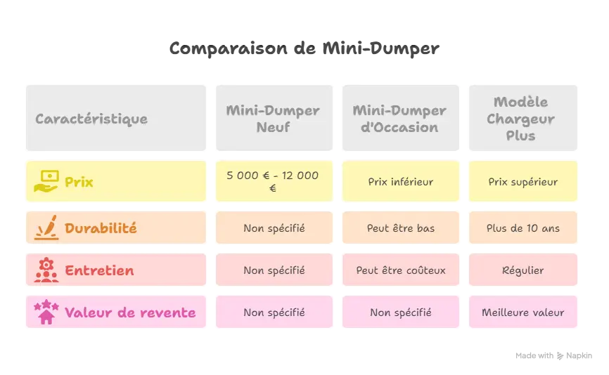 Tableau comparatif de mini-dumpers : neuf (5 000 € à 12 000 €), d’occasion (prix inférieur, durabilité variable, entretien coûteux, valeur de revente non spécifiée) et modèle Chargeur Plus (prix supérieur, durabilité plus de 10 ans, entretien régulier, meilleure valeur de revente).
