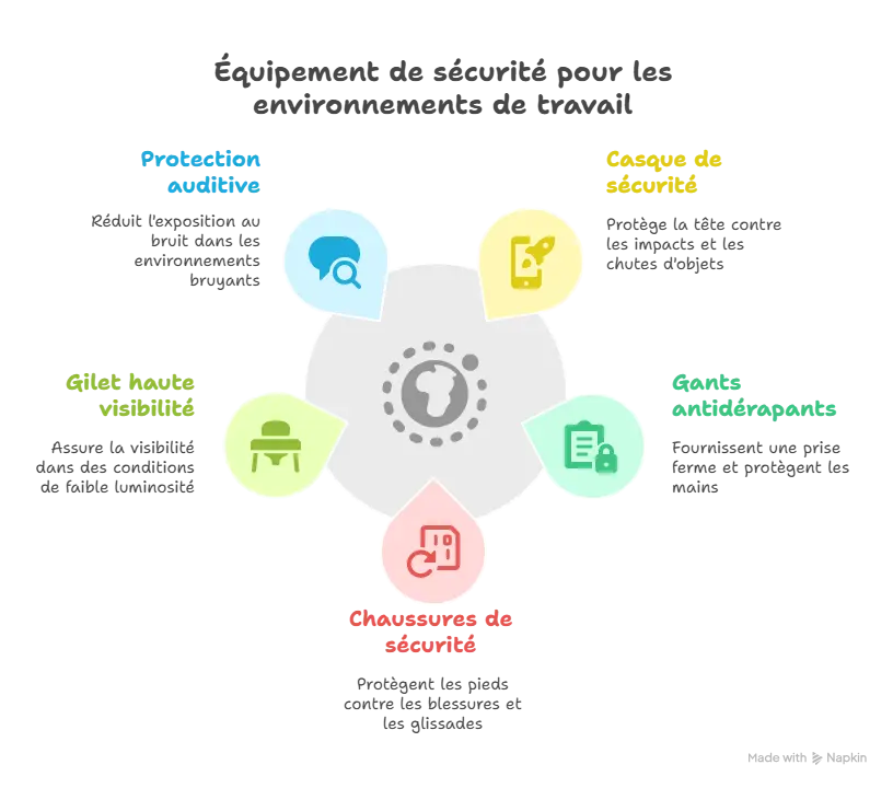 Infographie sur l’équipement de sécurité pour les environnements de travail : protection auditive, casque de sécurité, gants antidérapants, chaussures de sécurité et gilet haute visibilité.