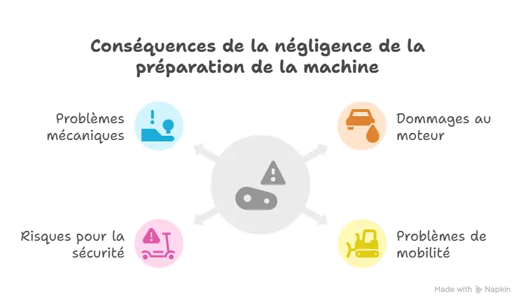 Infographie montrant les conséquences de la négligence de la préparation d’une mini-chargeuse : problèmes mécaniques, dommages au moteur, risques pour la sécurité et problèmes de mobilité.