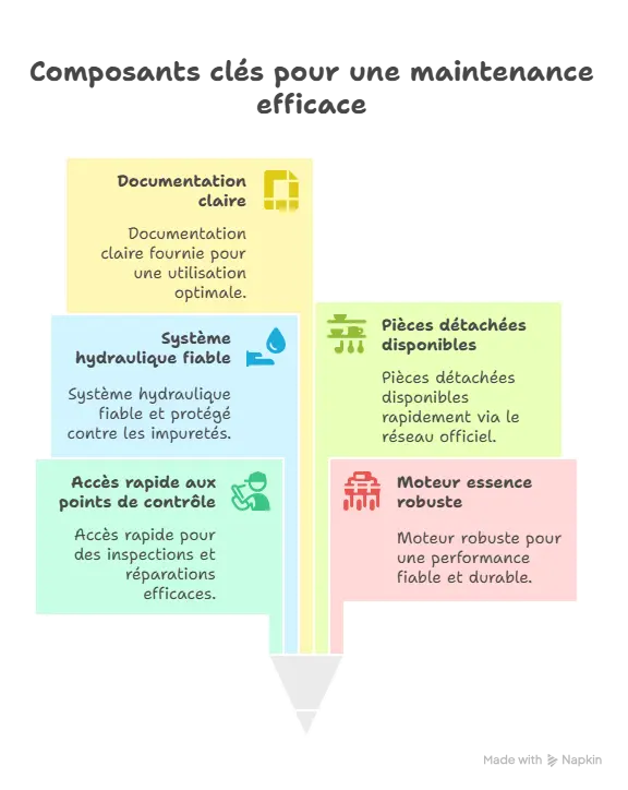 "Schéma illustrant les composants clés pour une maintenance efficace d’une mini-chargeuse : documentation claire, système hydraulique fiable, pièces détachées disponibles, accès rapide aux points de contrôle et moteur essence robuste