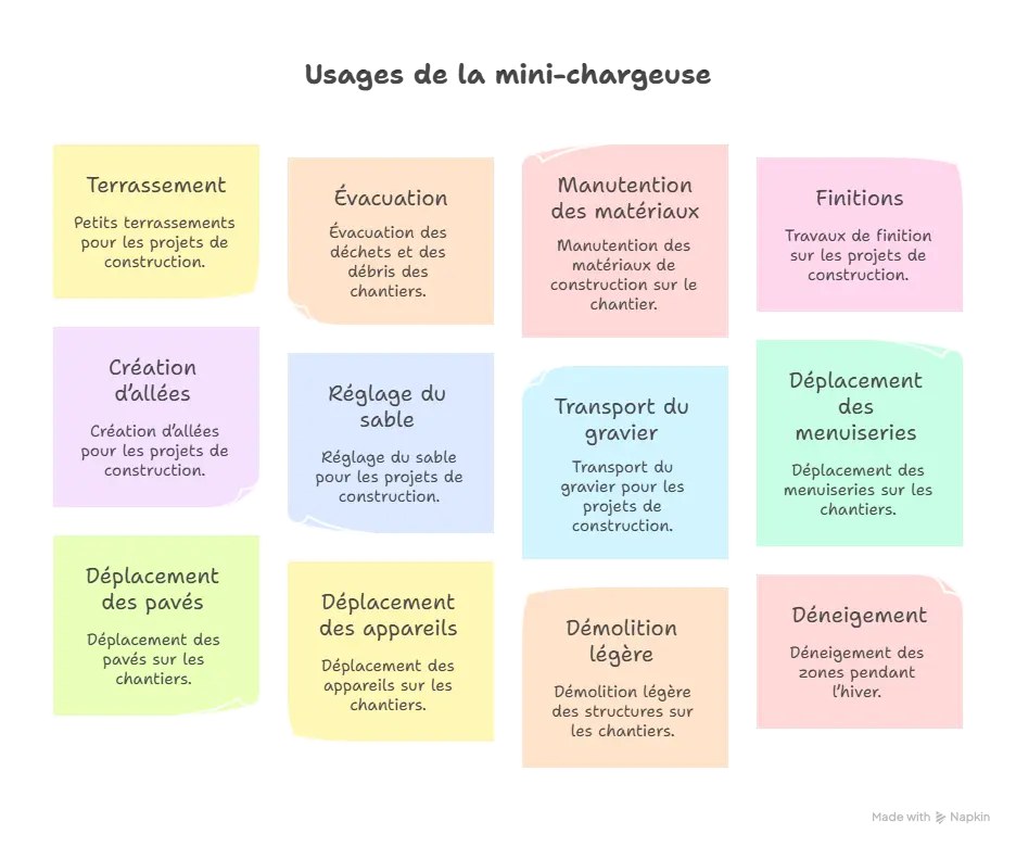 Infographie « Usages de la mini-chargeuse » listant 12 usages : terrassement (petits terrassements), évacuation (déchets et déblais), manutention des matériaux, finitions, création d’allées, réglage du sable, transport du gravier, déplacement des menuiseries, déplacement des pavés, déplacement des appareils, démolition légère et déneigement.