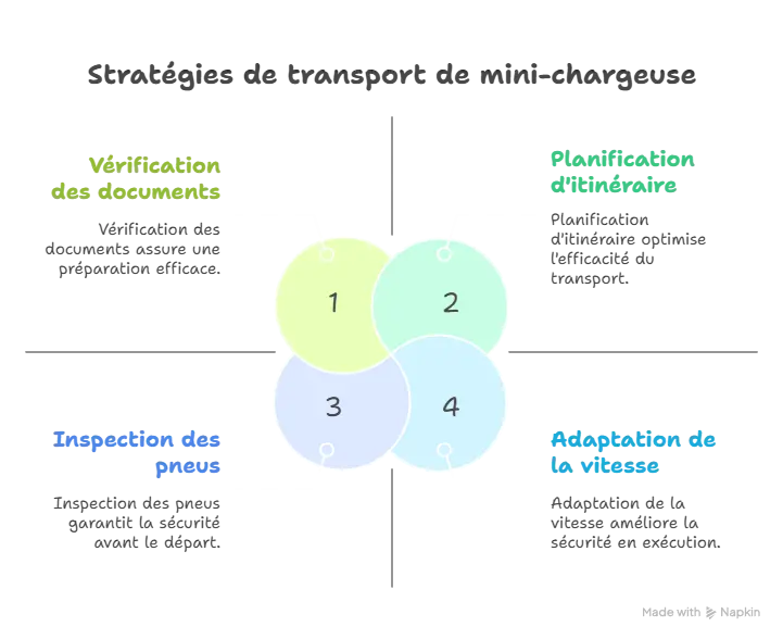 Infographie « Stratégies de transport de mini-chargeuse » : 4 piliers — Vérification des documents (préparation efficace), Planification d’itinéraire (optimise le trajet), Inspection des pneus (sécurité avant départ), Adaptation de la vitesse (sécurité en exécution). Diagramme avec 4 cercles numérotés 1-4 au centre.