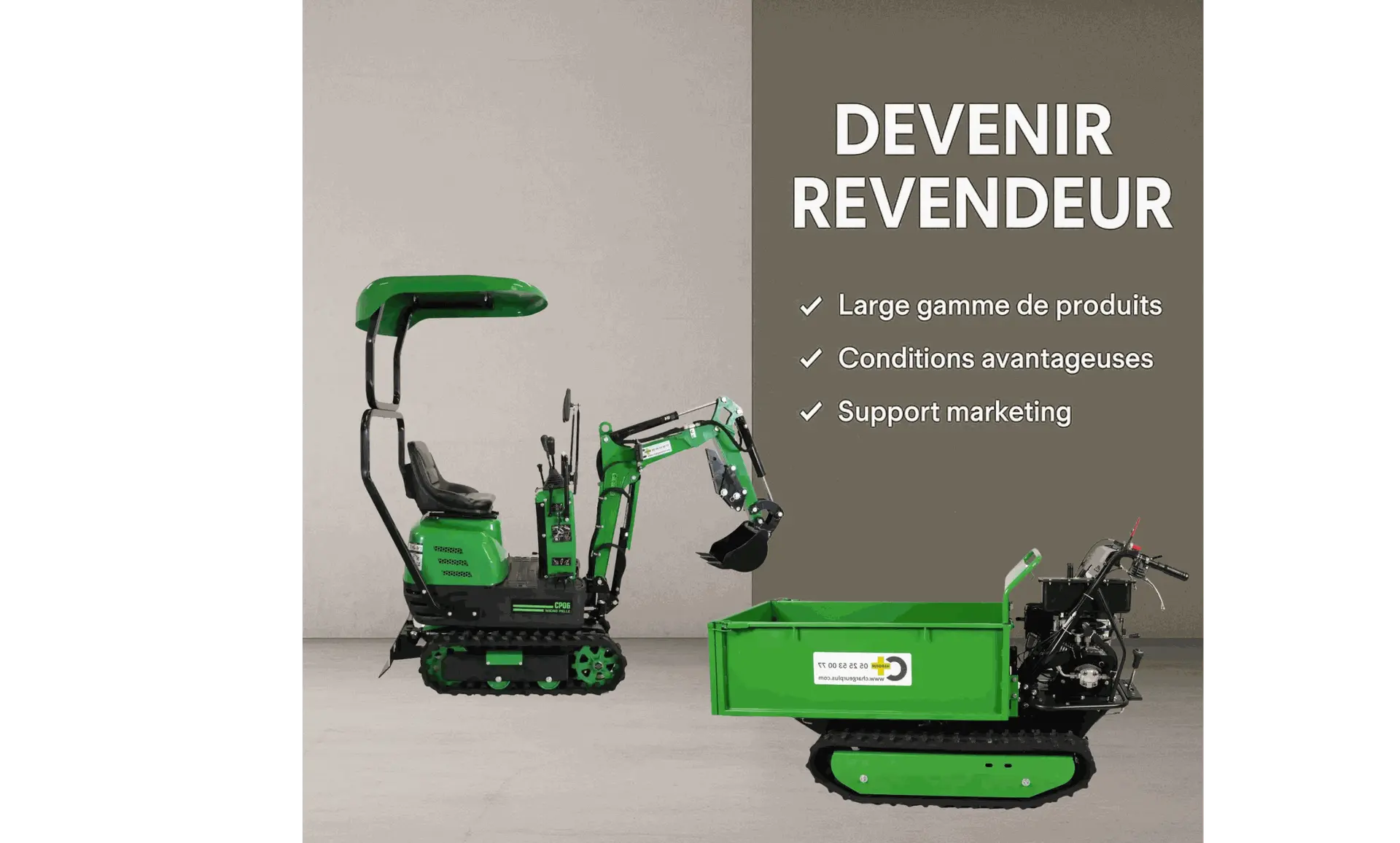 image mini-pelle et mini-dumper verts avec texte pour devenir revendeur