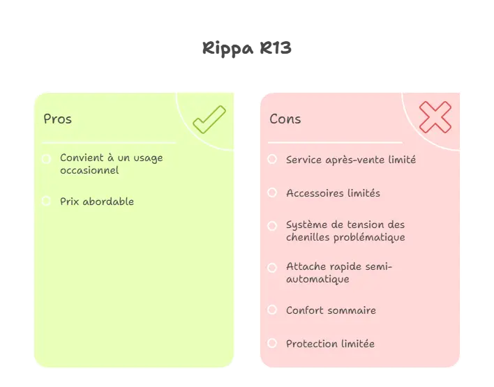 graphique illustrant les avantages et les incovénients de la mini-pelle rippa r13 et évoquant notammejt le service après vente limit