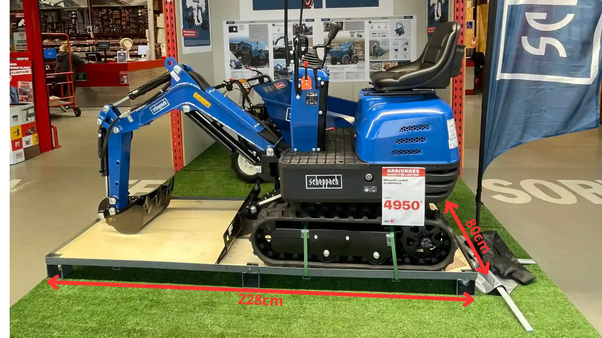 image illustrant les dimensions de la palette à conserver obligatoirement lors de l'achat d'une mini-pelle scheppach, ce qui ressort souvent négatviement lors des avis scheppach