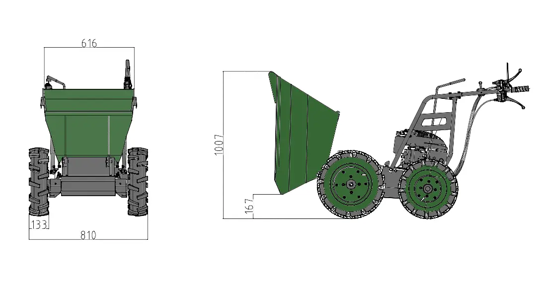 Schéma dimensions en cm du dumper vu de côté et de la benne