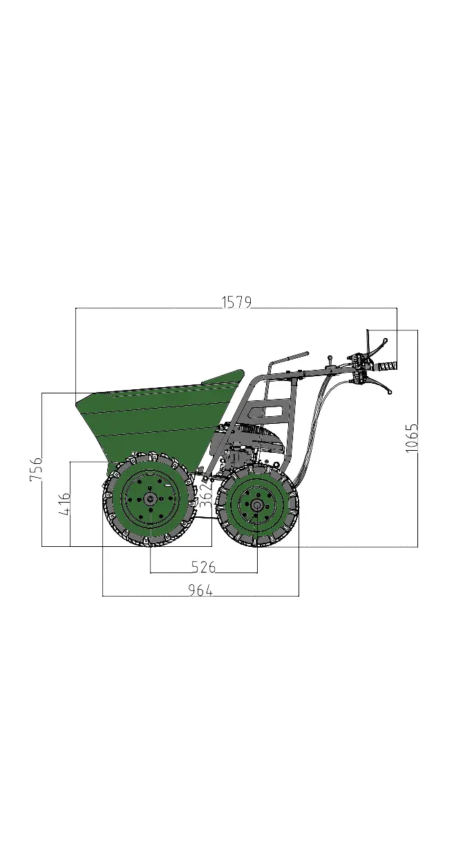 Schéma dimensions en cm du dumper entier (roues, bennes, manettes)