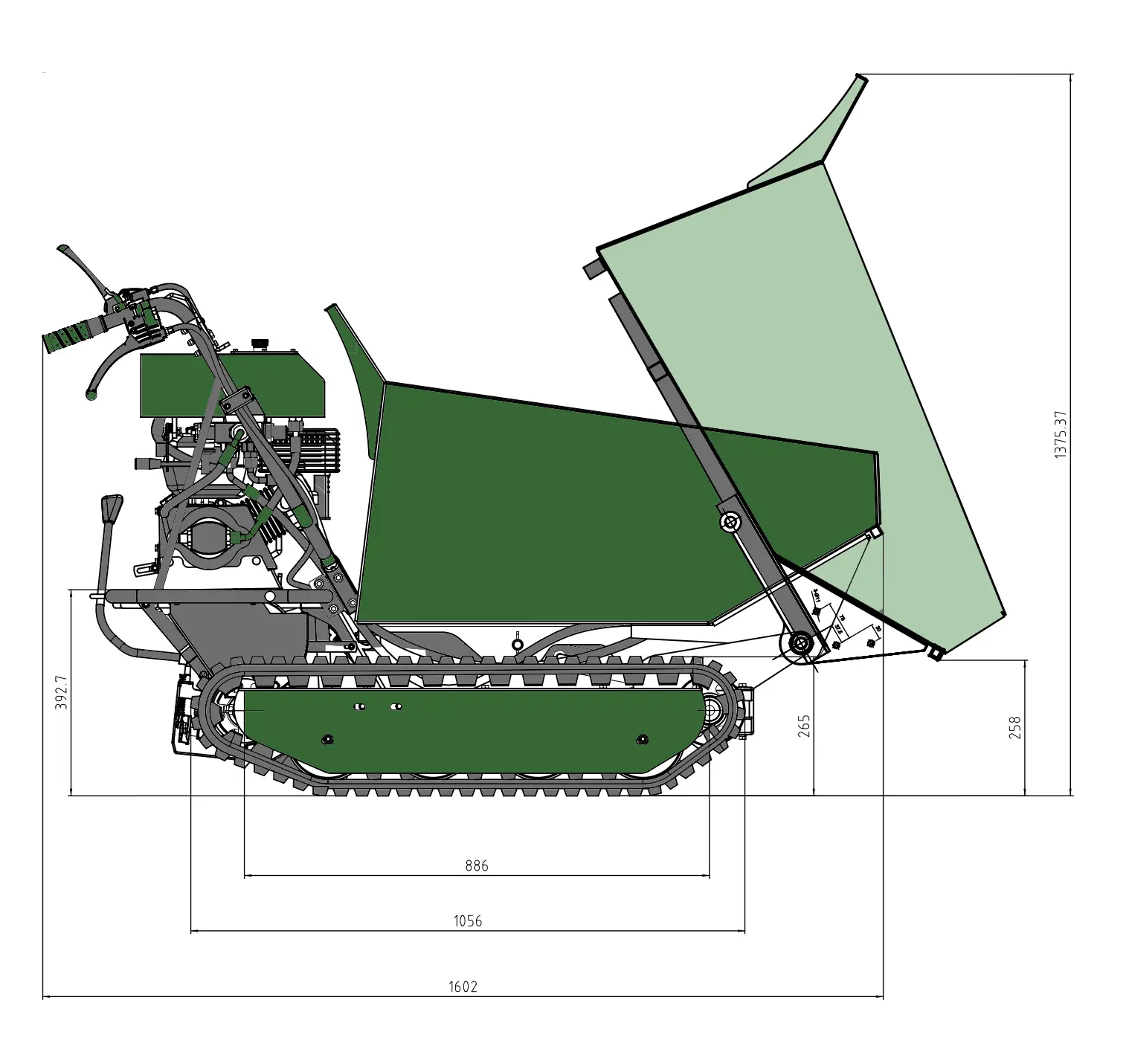 schéma complet des dimensions du dumper 735 vu de côté, avec dimensions abse, chenilles et benne