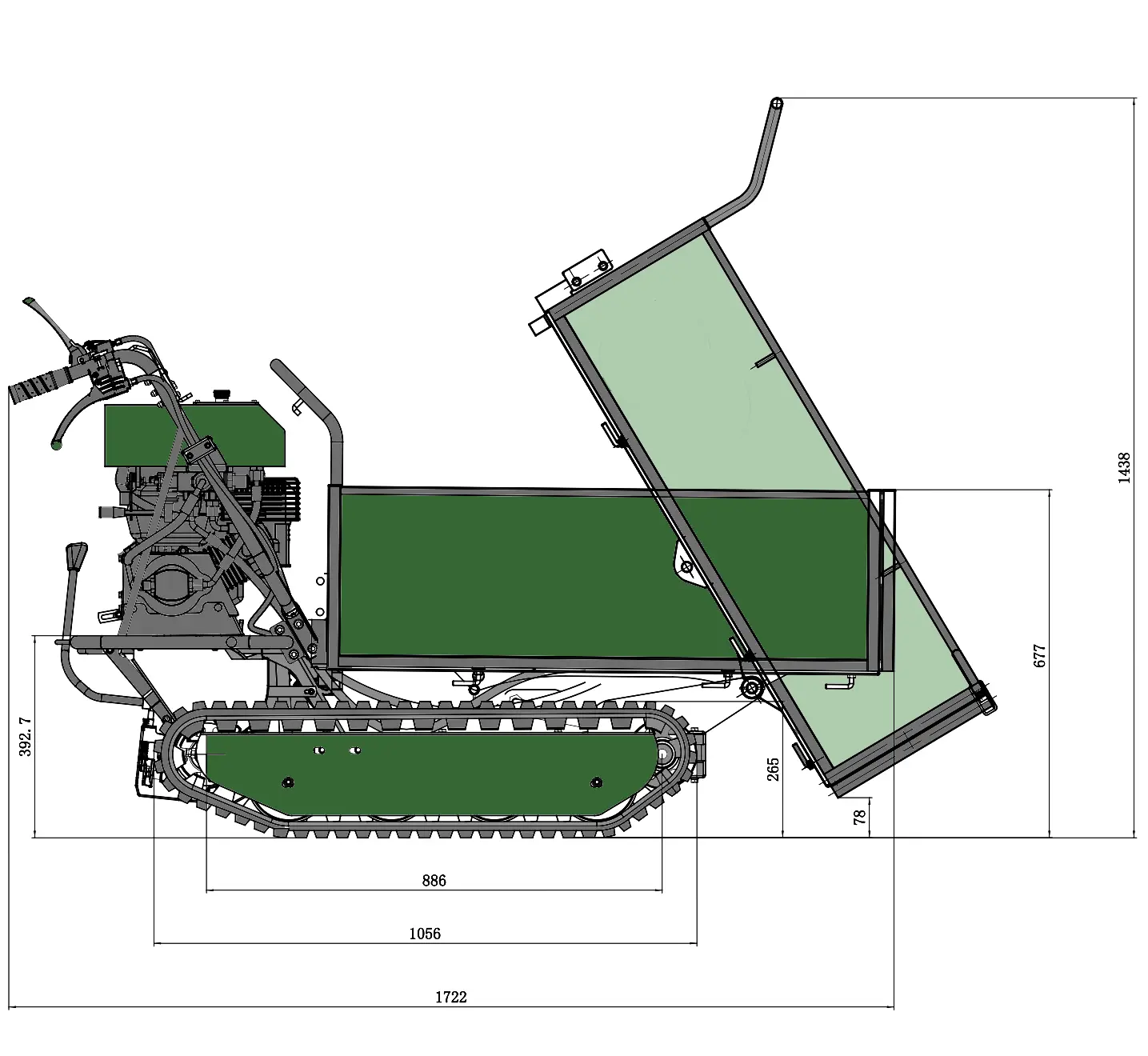 schéma complet des dimensions du dumper 730 avec chenilles, bennes, base.