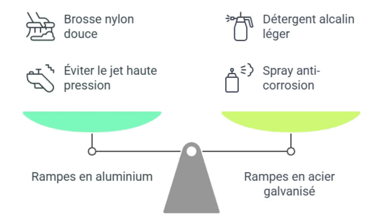 dessin pesée avantages / incovénients rampes aluminium et rampes acier