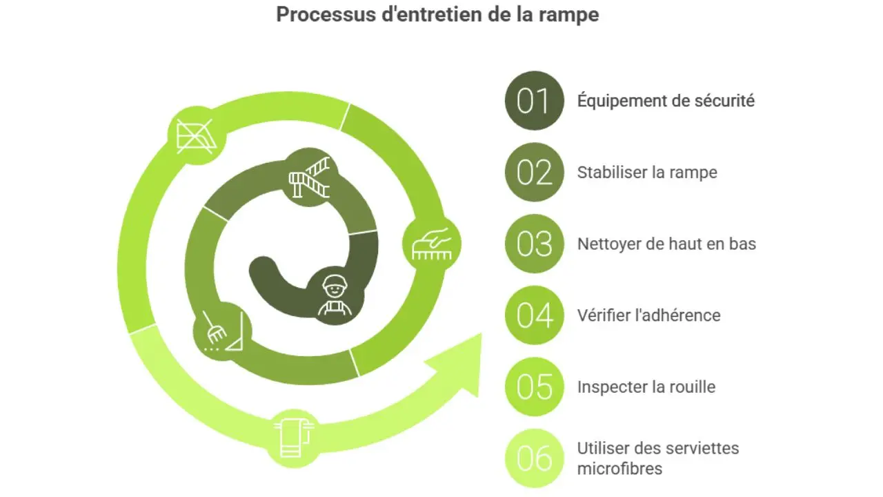 schéma étapes entretien rampe avec pictogrammes rampes et flèche verte en cercle