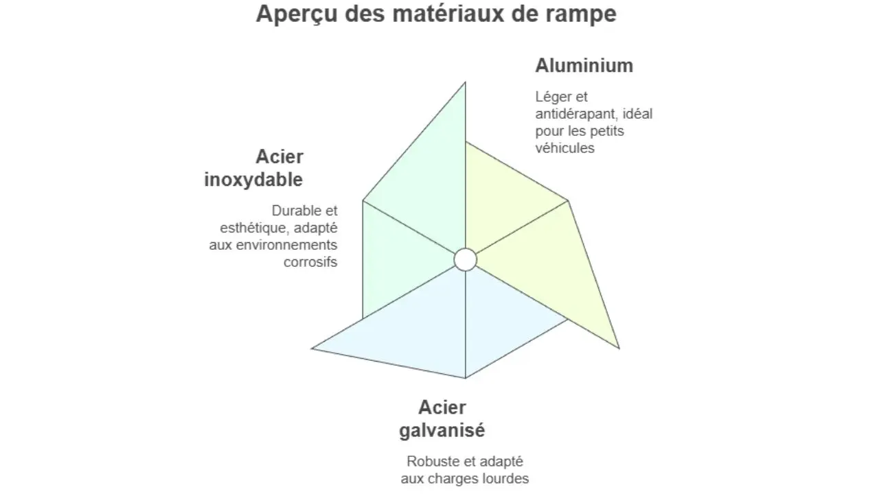 Aperçu visuel comparatif des matériaux de rampe de chargement : aluminium, acier galvanisé et acier inoxydable, illustrant leurs principaux avantages en termes de poids, adhérence, durabilité et résistance à la corrosion.