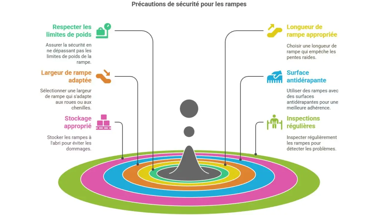 Infographie des précautions de sécurité pour les rampes de chargement, incluant le respect des limites de poids, la largeur et longueur adaptées, un stockage approprié, une surface antidérapante et des inspections régulières.