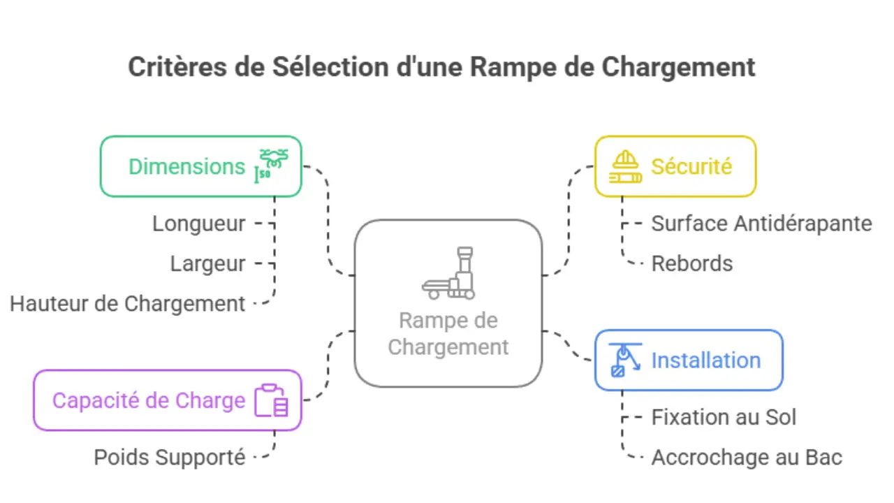 Schéma des critères de sélection d'une rampe de chargement : dimensions (longueur, largeur, hauteur), sécurité (surface antidérapante, rebords), capacité de charge (poids supporté) et installation (fixation au sol, accrochage au bac).