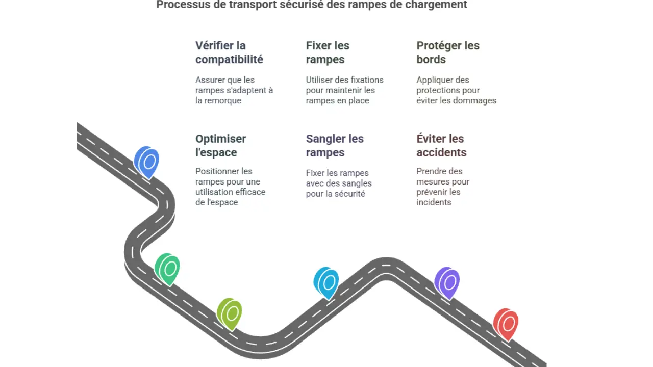 Infographie illustrant le processus de transport sécurisé des rampes de chargement : vérifier la compatibilité, fixer les rampes, protéger les bords, optimiser l’espace, sangler les rampes, éviter les accidents