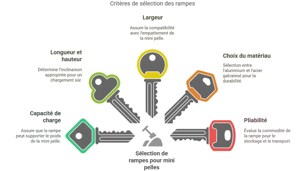 Infographie illustrant les critères de sélection des rampes pour mini pelle : largeur, longueur, hauteur, capacité de charge, choix du matériau et pliabilité.