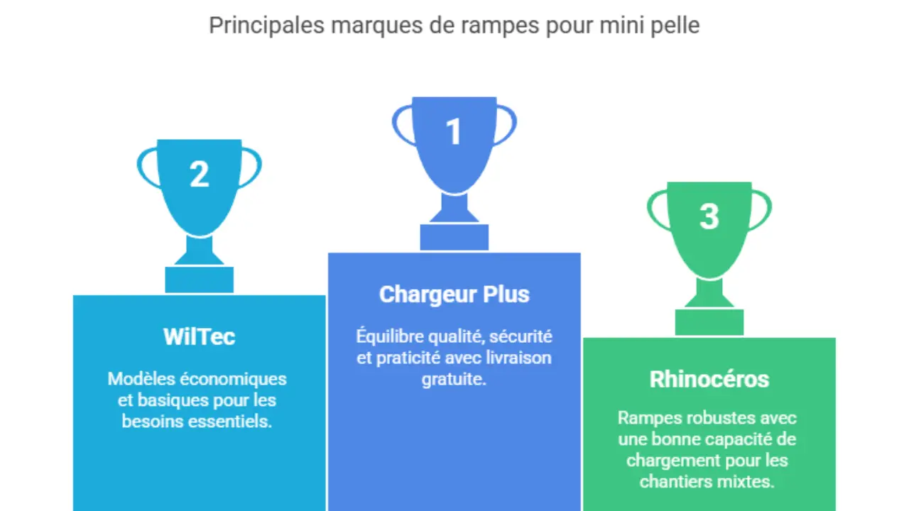Classement des principales marques de rampes pour mini pelle : 1er Chargeur Plus, 2e WilTec, 3e Rhinocéros, avec un résumé des points forts de chaque marque.