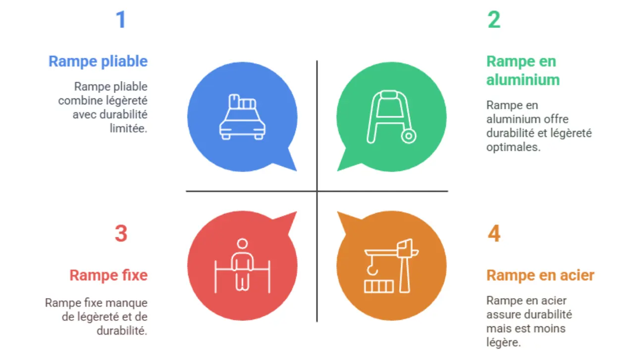 Comparatif visuel des types de rampes : pliable, aluminium, fixe et acier, avec leurs avantages et inconvénients en termes de légèreté et de durabilité.