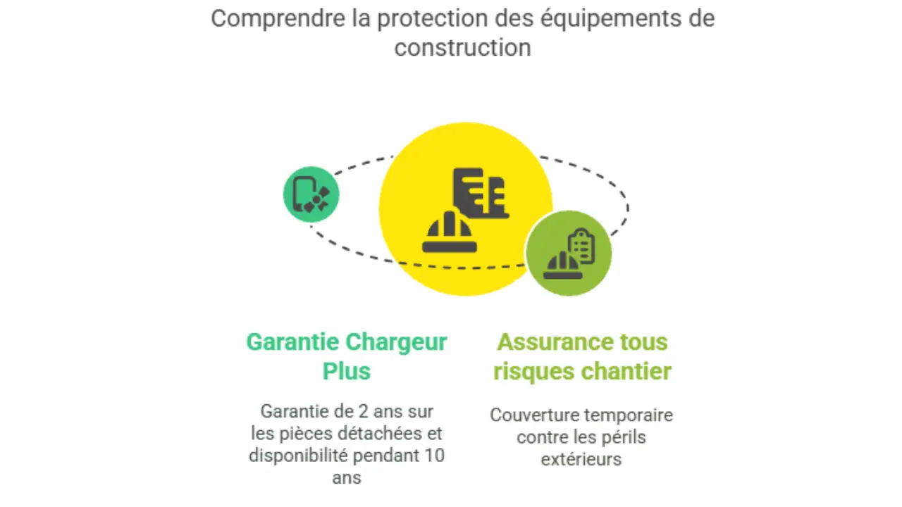 Schéma comparatif illustrant la protection des équipements de construction : à gauche, la garantie Chargeur Plus avec 2 ans de garantie et 10 ans de disponibilité des pièces détachées ; à droite, l’assurance tous risques chantier couvrant temporairement les périls extérieurs.