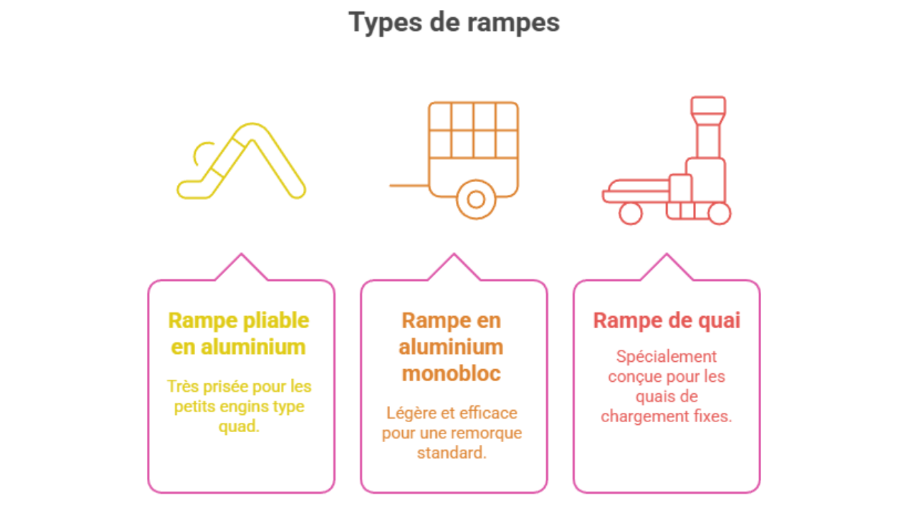 Illustration des trois types de rampes de chargement : rampe pliable en aluminium pour petits engins comme les quads, rampe en aluminium monobloc pour remorques standards, et rampe de quai pour plateformes fixes de chargement.