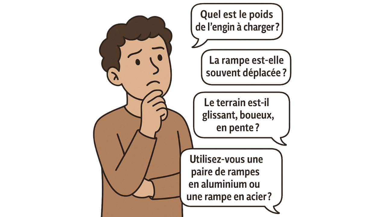 Illustration d’un homme réfléchissant aux critères de choix d’une rampe de chargement, posant des questions sur le poids de l’engin, la fréquence de déplacement, la nature du terrain et le matériau de la rampe