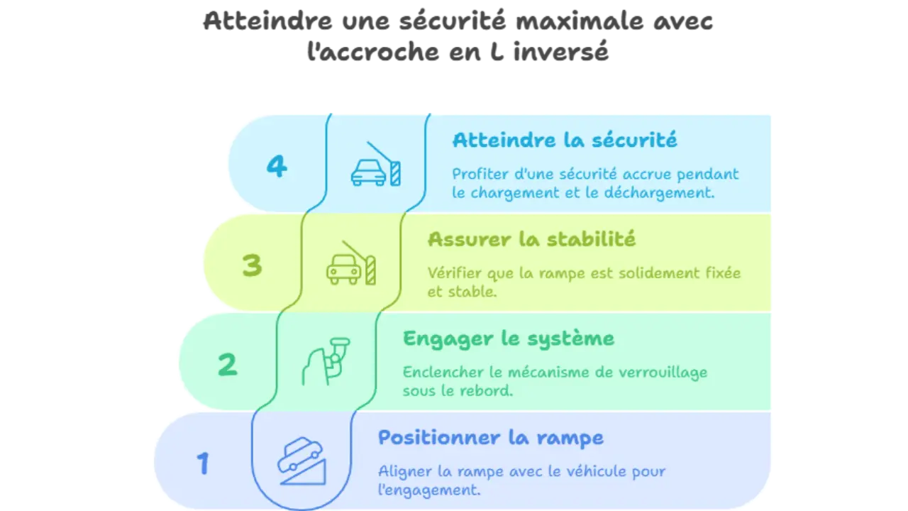 Étapes pour sécuriser une rampe de chargement avec une accroche en L inversé : positionnement, engagement du système, stabilité, sécurité finale