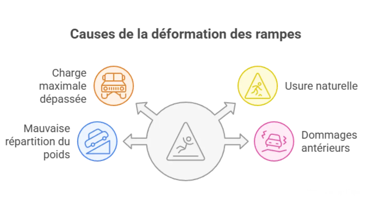 Schéma illustrant les causes de la déformation des rampes de chargement : charge maximale dépassée, mauvaise répartition du poids, usure naturelle et dommages antérieurs.