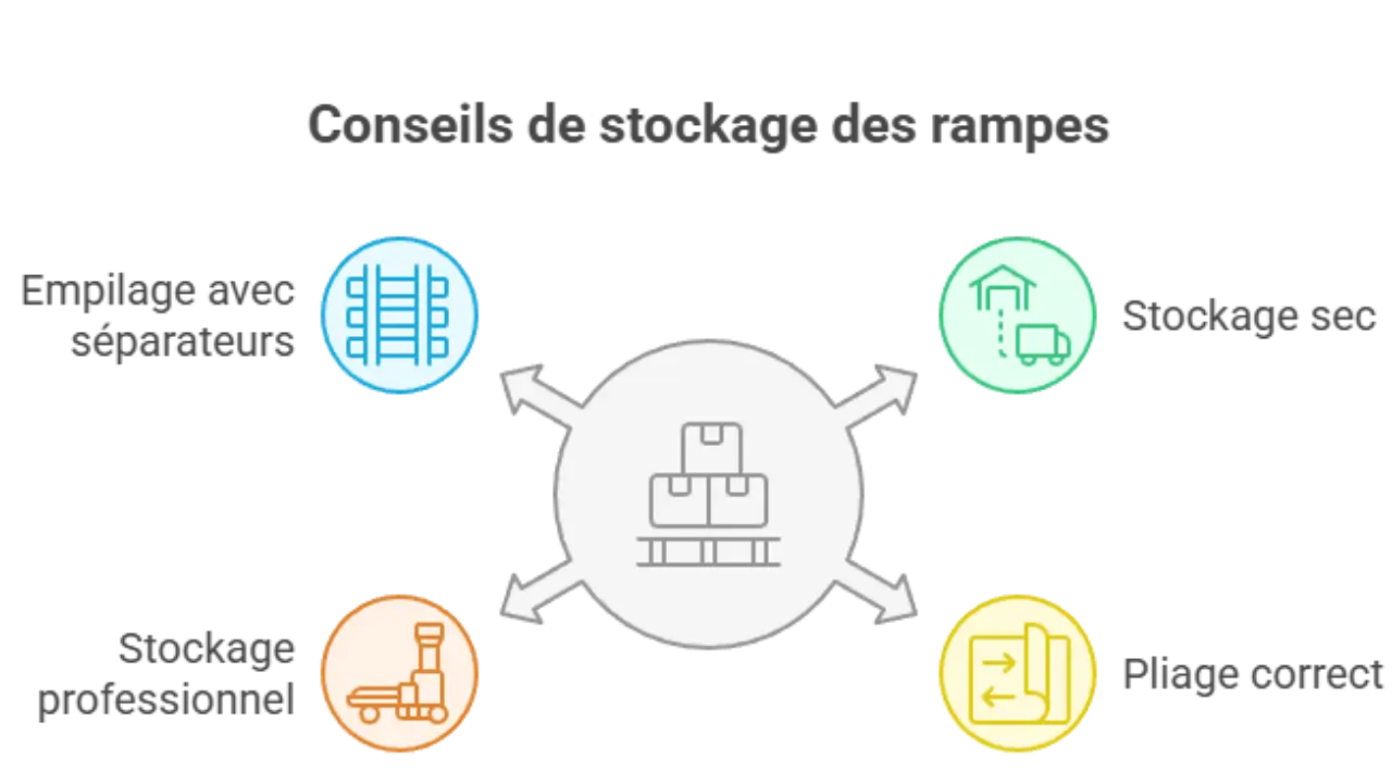 Conseils visuels de stockage pour rampes de chargement : empilage avec séparateurs, stockage en intérieur sec, pliage correct et stockage sur support professionnel.