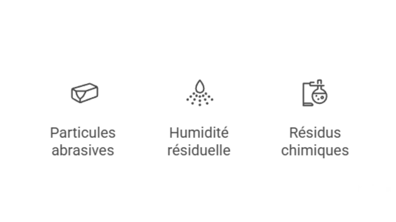 Illustration des éléments à éliminer lors du nettoyage d'une rampe de chargement : particules abrasives, humidité résiduelle et résidus chimiques." 