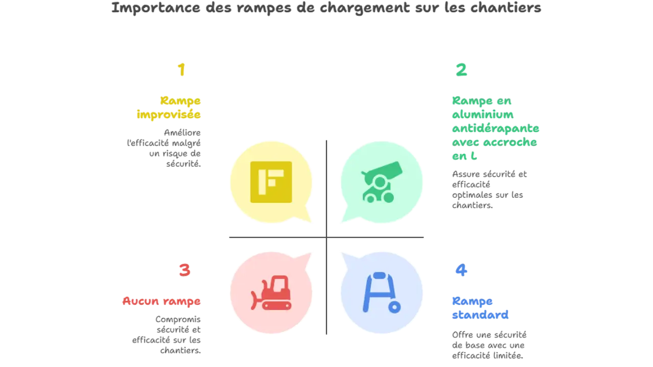 Infographie sur l'importance des rampes de chargement sur les chantiers : comparaison entre rampe improvisée, rampe en aluminium antidérapante avec accroche en L, absence de rampe et rampe standard