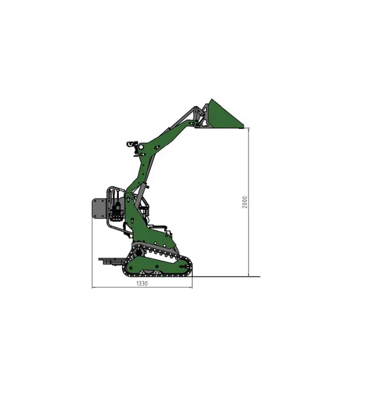 Schéma latéral de la mini chargeuse MC306 de chez Chargeur Plus, montrant le bras en position levée avec godet incliné vers l’avant. Les dimensions indiquées sont de 1330 mm de longueur et 2000 mm de hauteur maximale en position de levage.