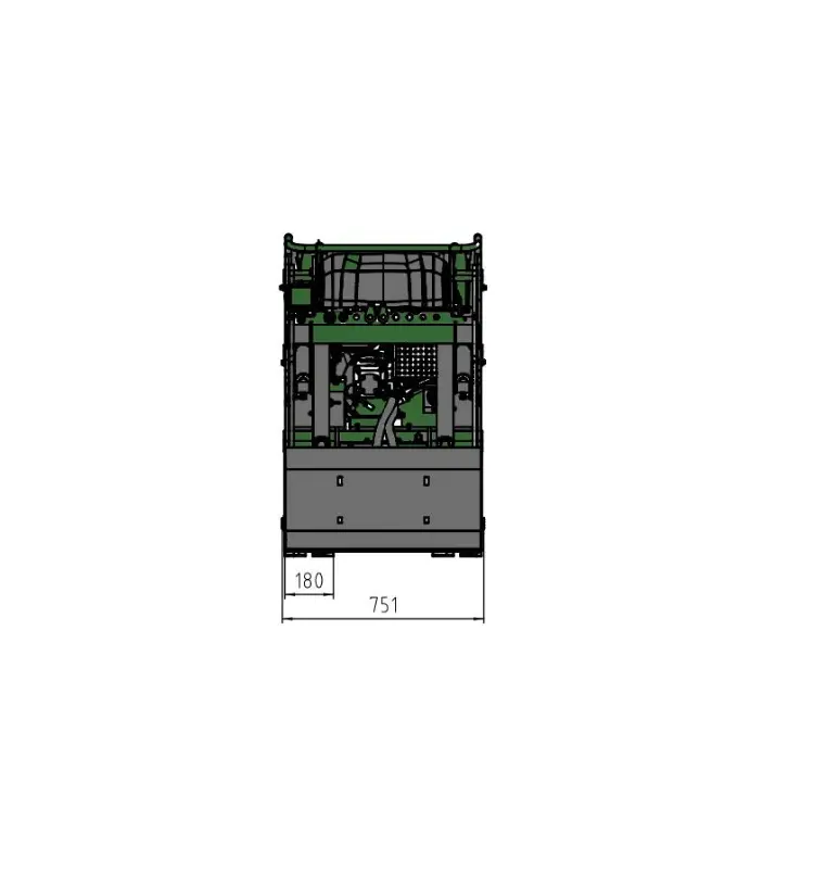Schéma de face de la mini chargeuse MC306 de chez Chargeur Plus, indiquant une largeur totale de 751 mm et une largeur de chenille individuelle de 180 mm. Le moteur et les éléments mécaniques internes sont visibles à travers la structure.