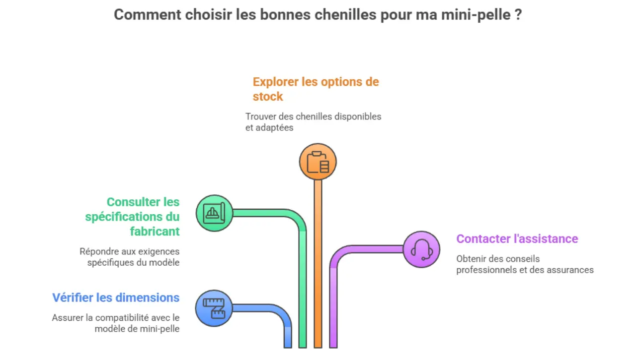 Infographie présentant les étapes pour choisir les bonnes chenilles de mini-pelle : vérifier les dimensions, consulter les spécifications du fabricant, explorer les options de stock et contacter l’assistance.