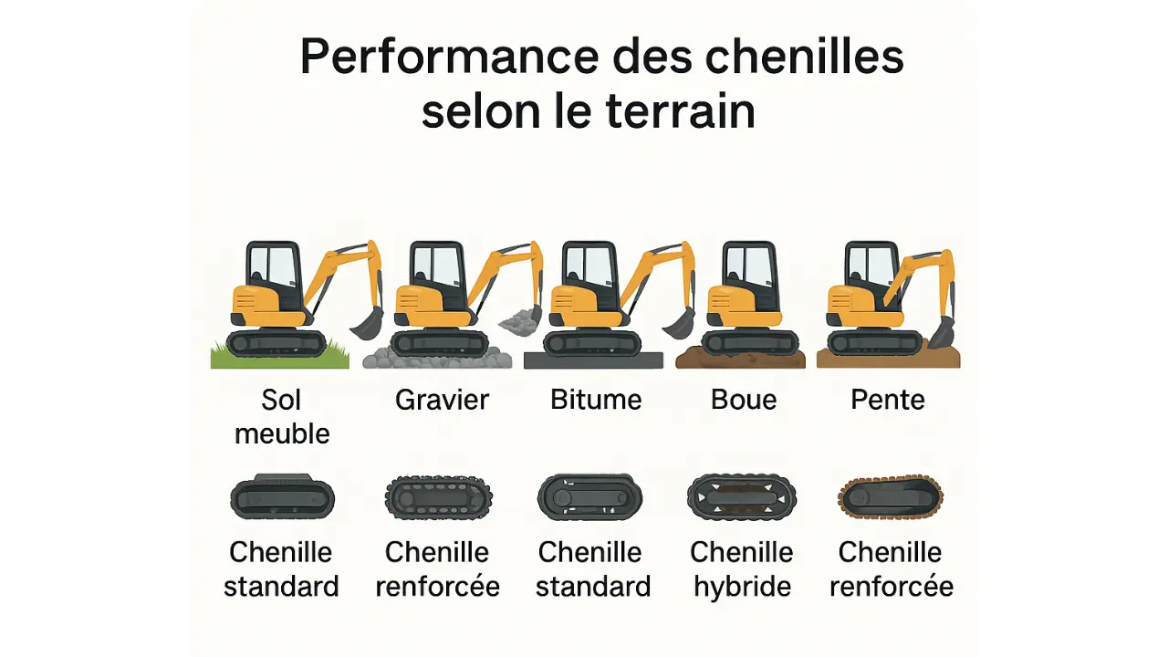 Infographie montrant la performance des chenilles de mini-pelle selon le type de terrain : sol meuble, gravier, bitume, boue et pente, avec les chenilles adaptées (standard, renforcée ou hybride).