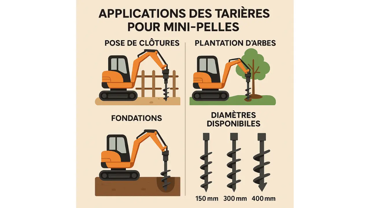 Illustration montrant les usages d’une tarière pour mini-pelle : pose de clôtures, plantation d’arbres, fondations et diamètres disponibles (150 à 400 mm).