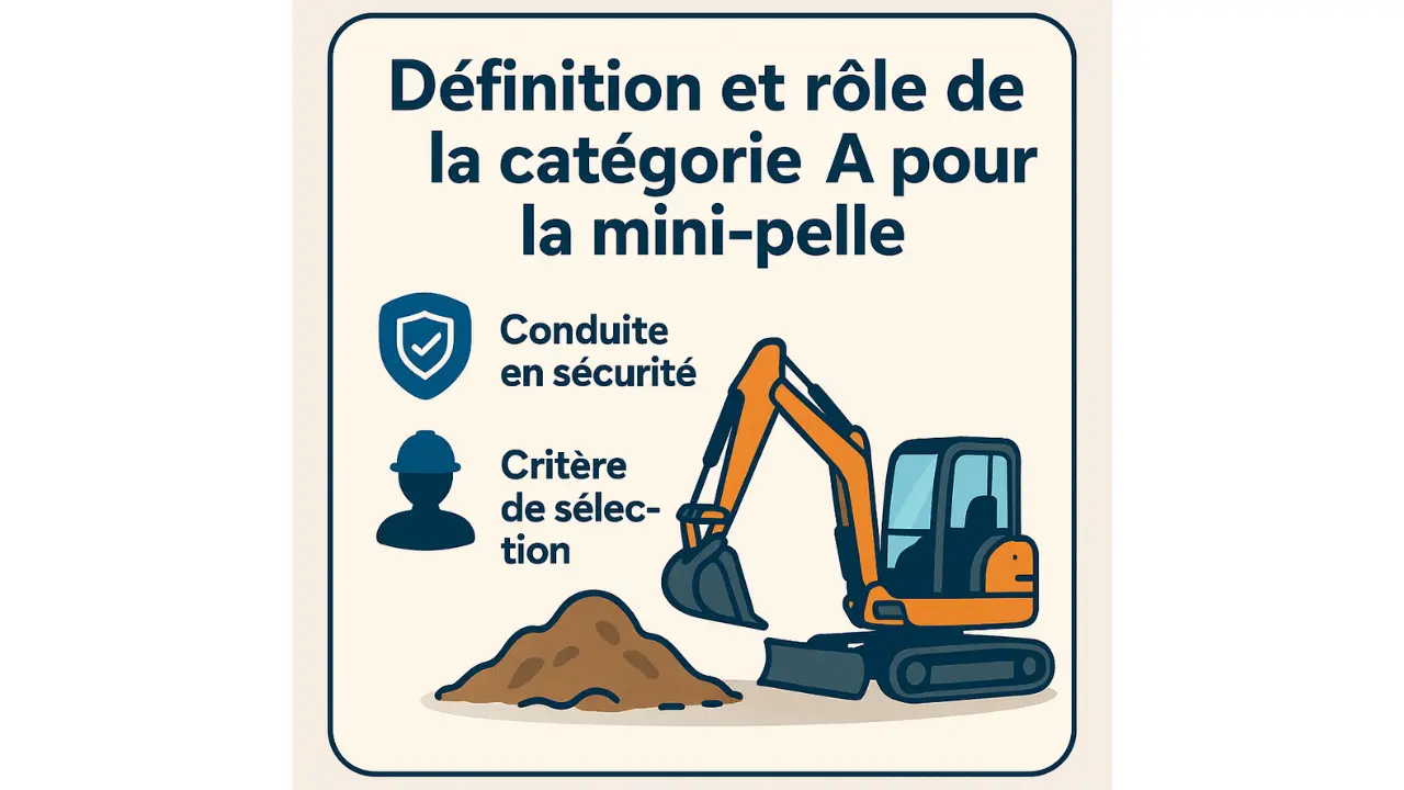 Infographie illustrant le rôle de la catégorie A du CACES pour mini-pelle, avec une mini-pelle orange à chenilles, une icône de sécurité, et une silhouette de conducteur.