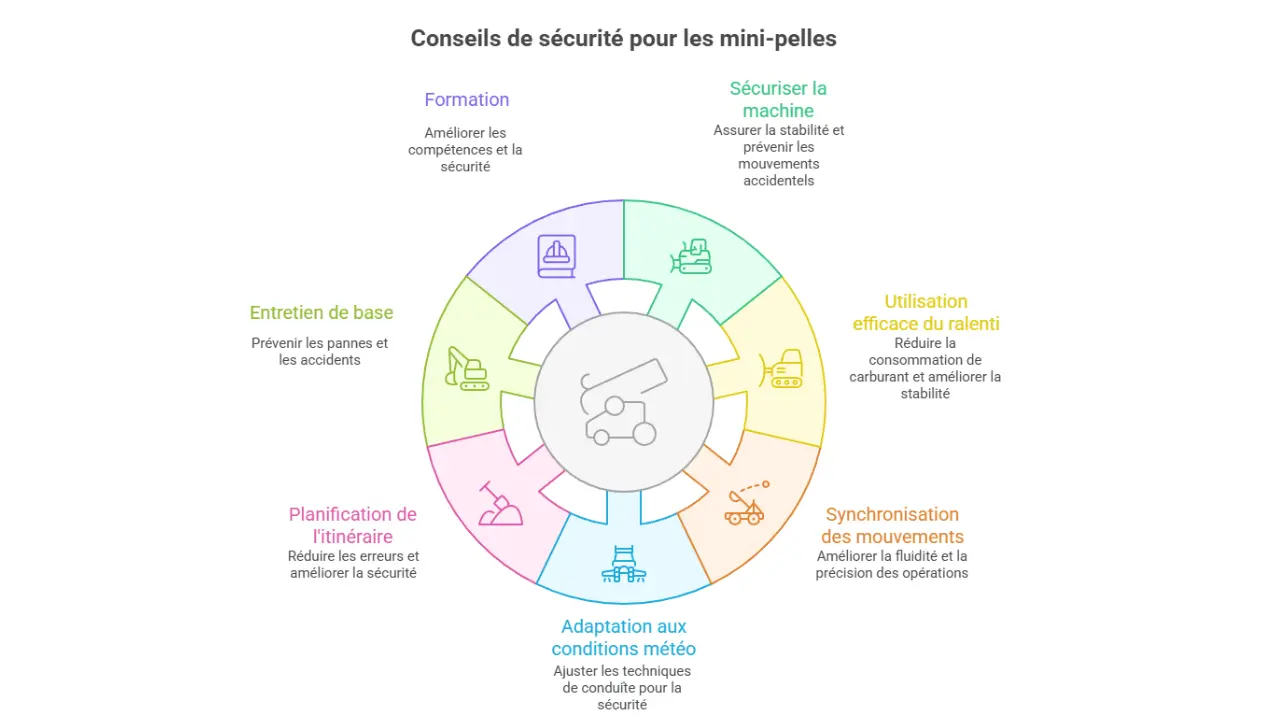 Infographie circulaire présentant 8 conseils de sécurité pour la conduite de mini-pelles, comme la formation, l'entretien de base, la synchronisation des mouvements et l'adaptation aux conditions météo