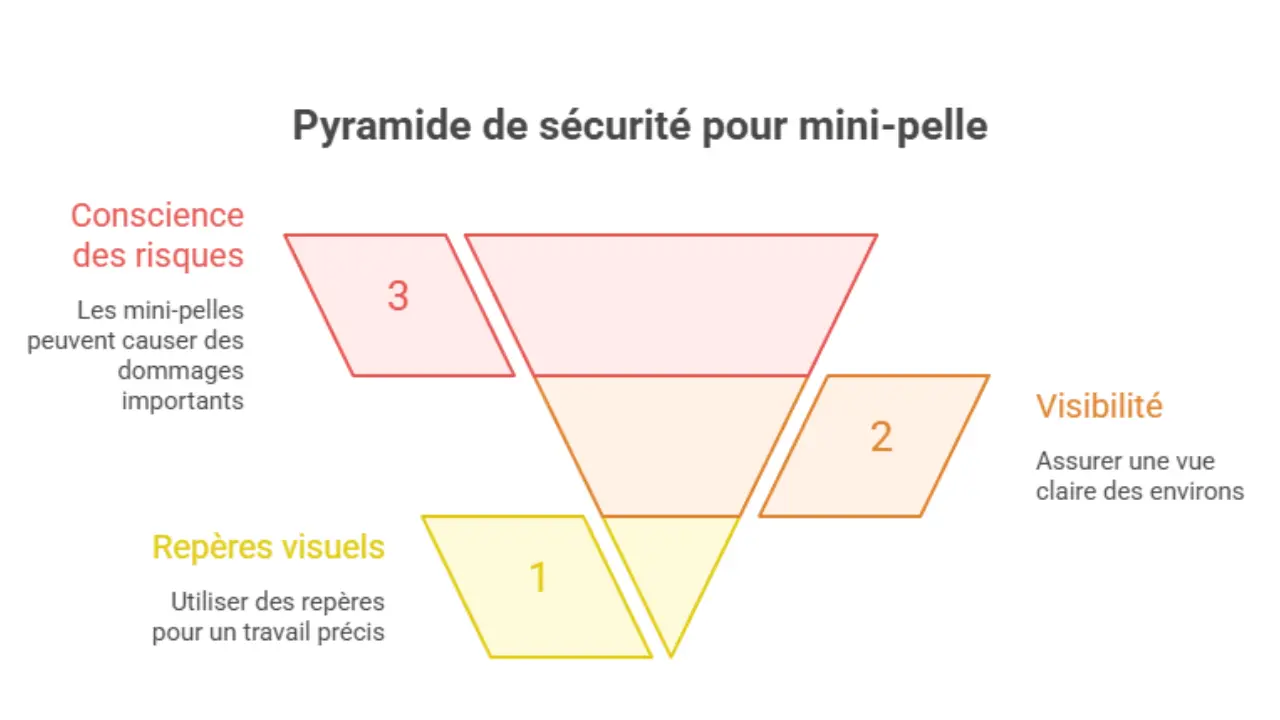 Schéma pyramidal de sécurité pour mini-pelle montrant trois niveaux : repères visuels à la base, visibilité au centre et conscience des risques au sommet.