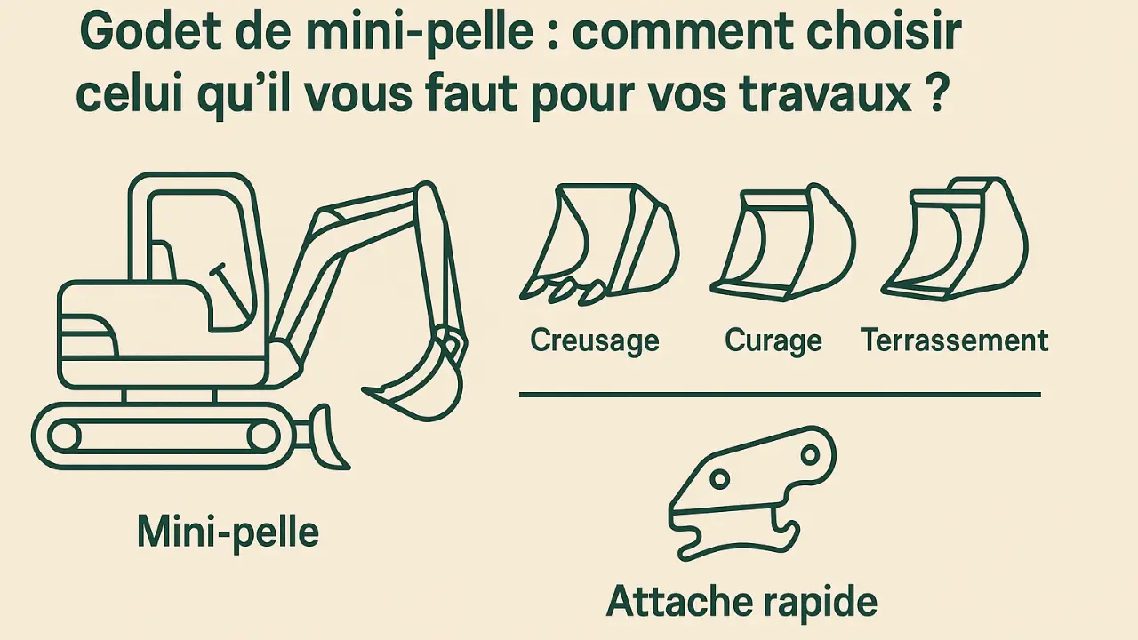 Illustration pédagogique représentant une mini-pelle verte avec différents types de godets (creusage, curage, terrassement) et une attache rapide, pour aider au choix selon les travaux.
