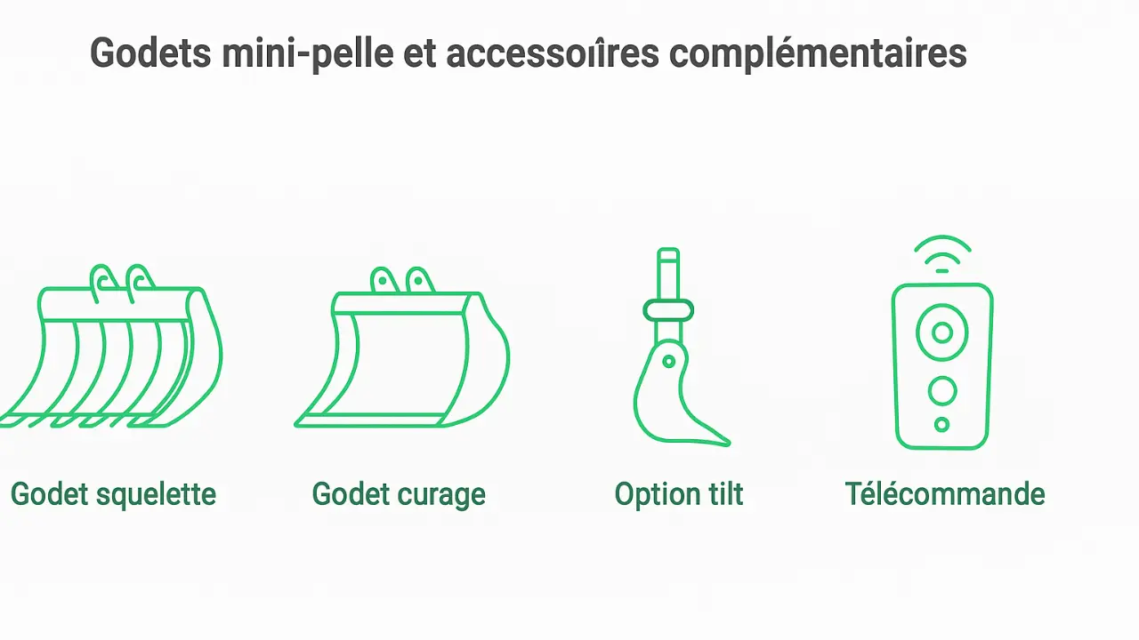 Infographie  représentant les différentes godets utilisables avec la mini-pelle (godet squelette, curage, tilt et télécommande). 