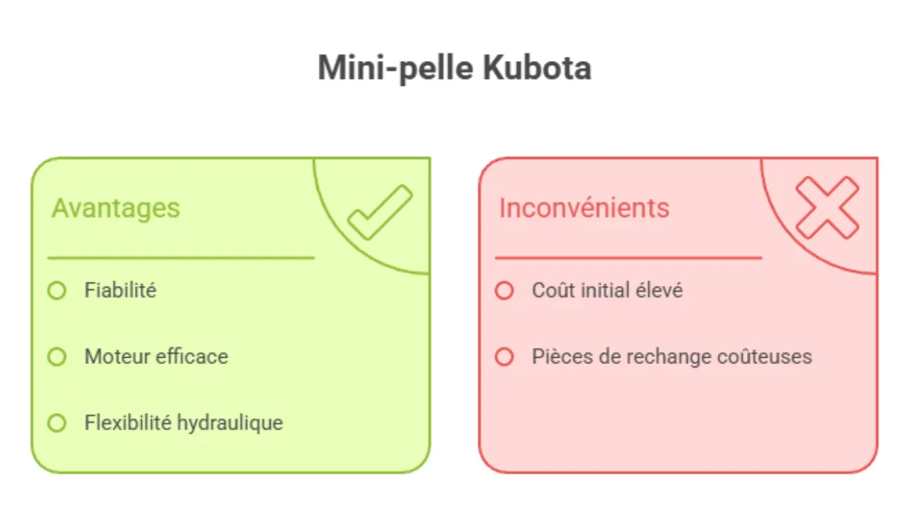 Tableau comparatif des avantages et inconvénients d’une mini-pelle Kubota : fiabilité, moteur efficace, flexibilité hydraulique en points forts ; coût initial élevé et pièces de rechange coûteuses en points faibles.