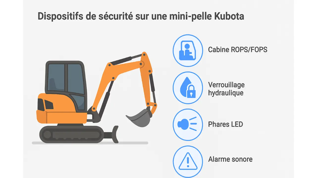 Illustration infographique en style flat présentant les dispositifs de sécurité d'une mini-pelle Kubota, avec pictogrammes représentant la cabine renforcée, les alarmes, l'éclairage LED, le verrouillage hydraulique et les systèmes de diagnostic.