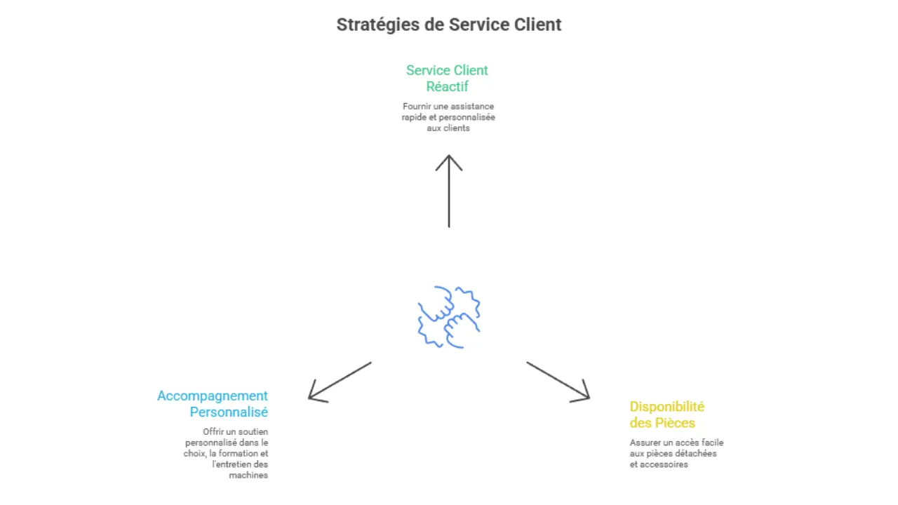 Infographie représentant les trois piliers du service client : un service réactif, un accompagnement personnalisé et la disponibilité des pièces détachées.