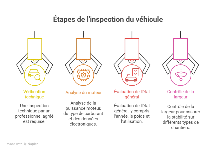 Infographie présentant les étapes de l’inspection d’une mini-pelle Kubota : vérification technique, analyse du moteur, évaluation de l’état général et contrôle de la largeur, avec icônes colorées et descriptions sous chaque étape