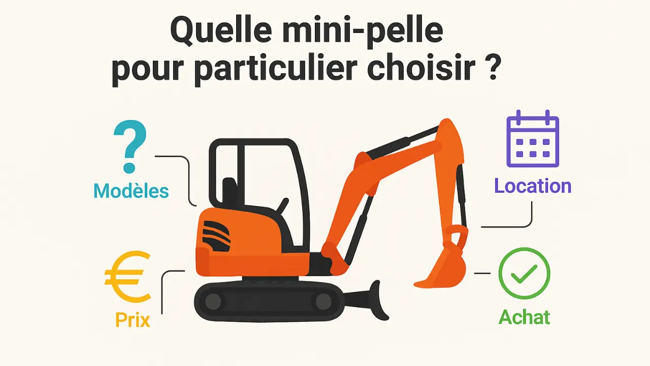 Infographie illustrant le choix d'une mini-pelle pour particulier avec une mini-pelle orange au centre et quatre critères : modèles, prix, location et achat.