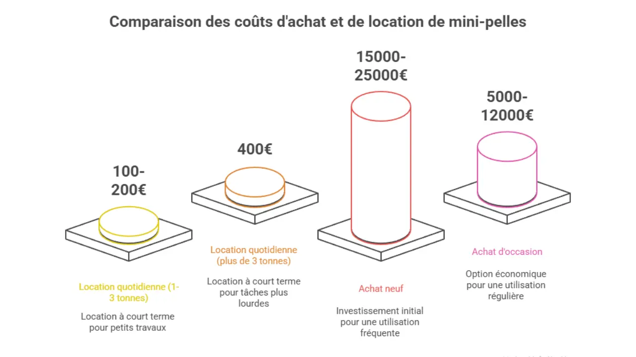 Graphique comparatif illustrant les différents coûts d’achat et de location de mini-pelles selon les options : location journalière (1 à 3 tonnes et plus de 3 tonnes), achat neuf et achat d’occasion.