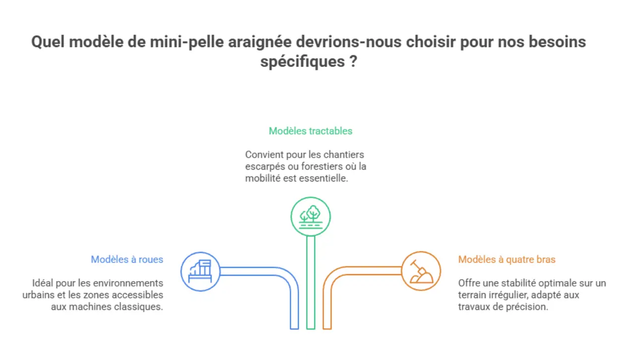 Infographie présentant trois types de mini-pelles araignées : modèles à roues pour zones urbaines, modèles tractables pour terrains escarpés, et modèles à quatre bras pour une stabilité sur terrain irrégulier et travaux de précision