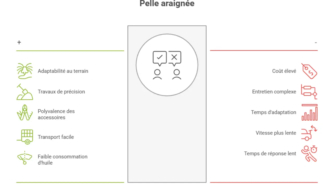 Infographie des avantages et inconvénients d’une pelle araignée : à gauche en vert, adaptabilité au terrain, précision, accessoires variés, transport facile, faible consommation d’huile ; à droite en rouge, coût élevé, entretien complexe, temps d’adaptation, vitesse lente et temps de réponse lent.